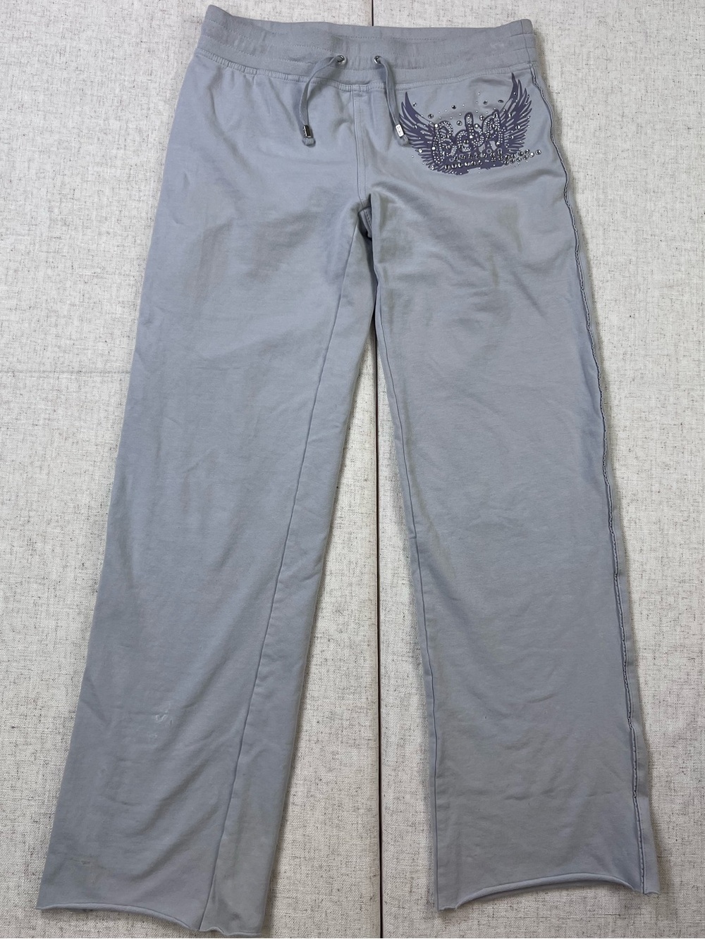 Y2K BCBG Maxazria Rhinestone Logo Low Rise Wide Leg Sweatpants Grey Lilac M